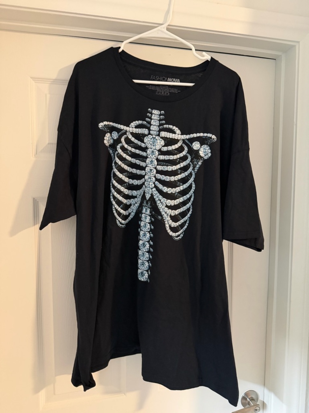 Fashion Nova Black Tee with Rhinestone Skeleton Front